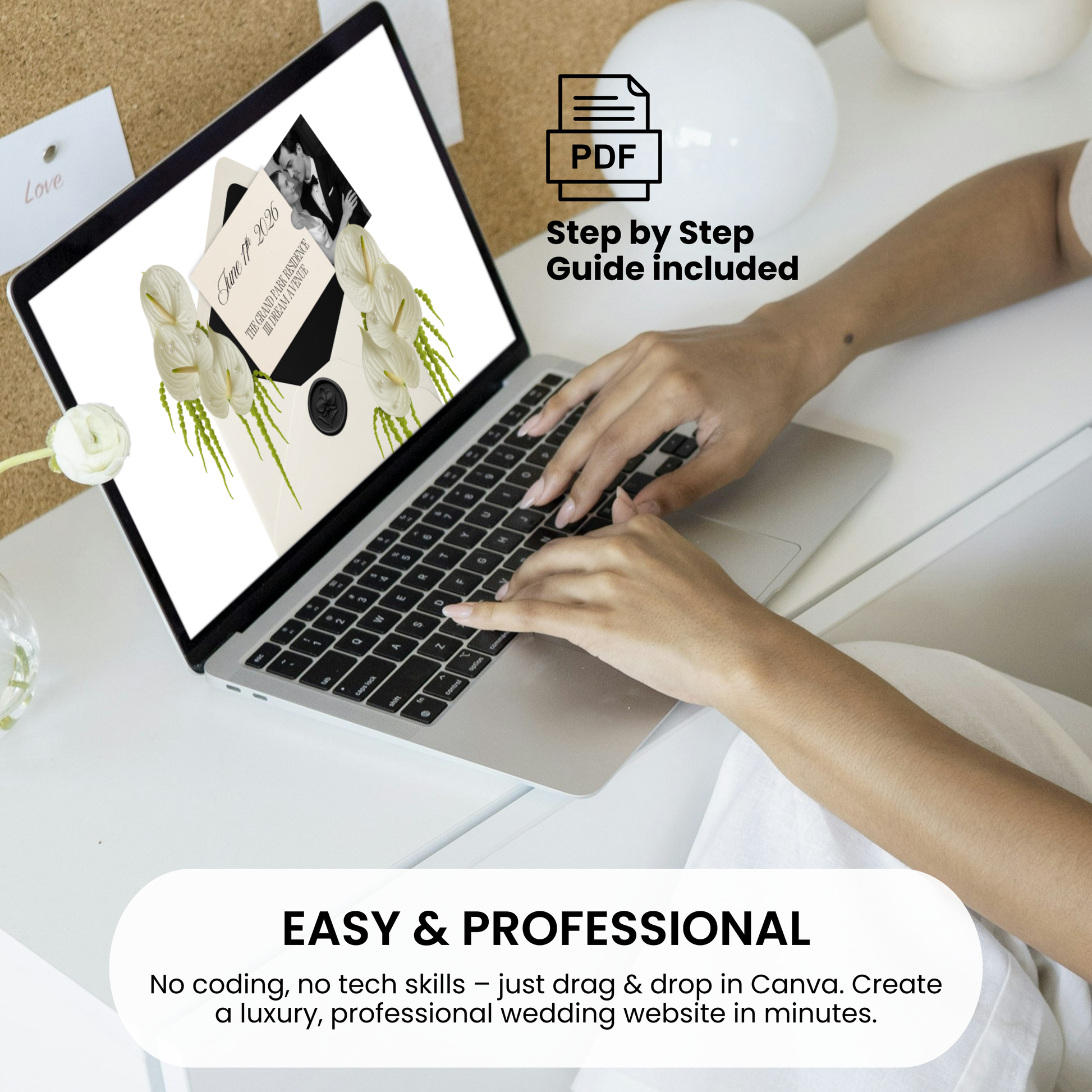 User editing a professional wedding website on a laptop with a step-by-step PDF guide.
