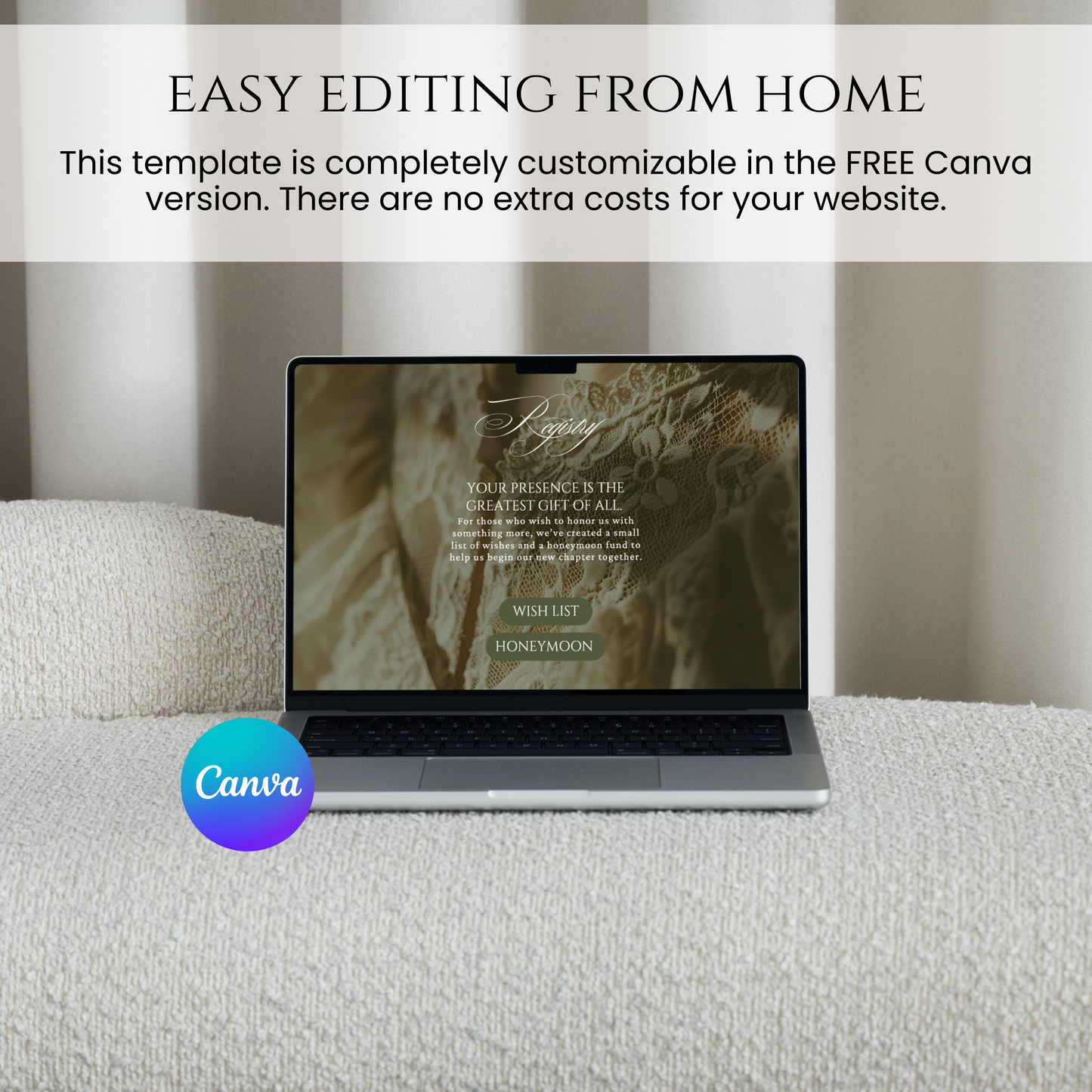 Editable Canva wedding website template displayed on laptop, customizable from home using free Canva account