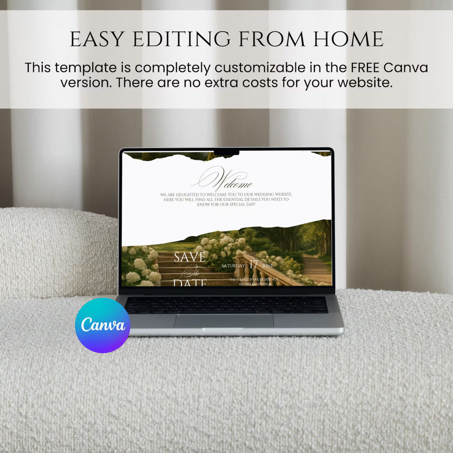 Fully editable wedding website template in Canva. Customize at home with no extra costs – luxury Italian villa greenery wedding style.