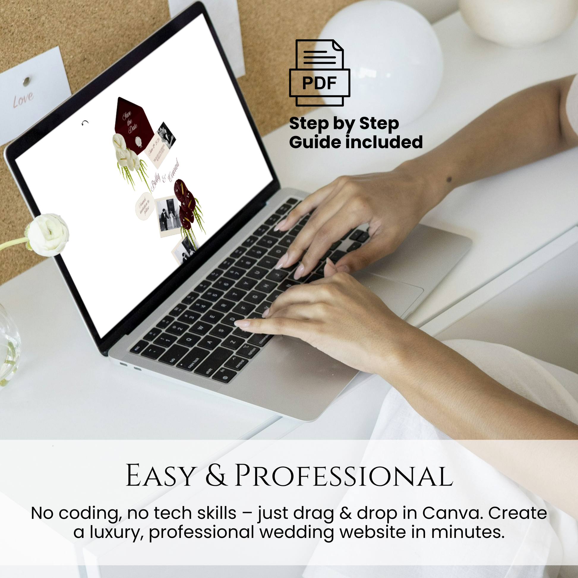 User editing a professional burgundy save the date website on a laptop with a step-by-step PDF guide.