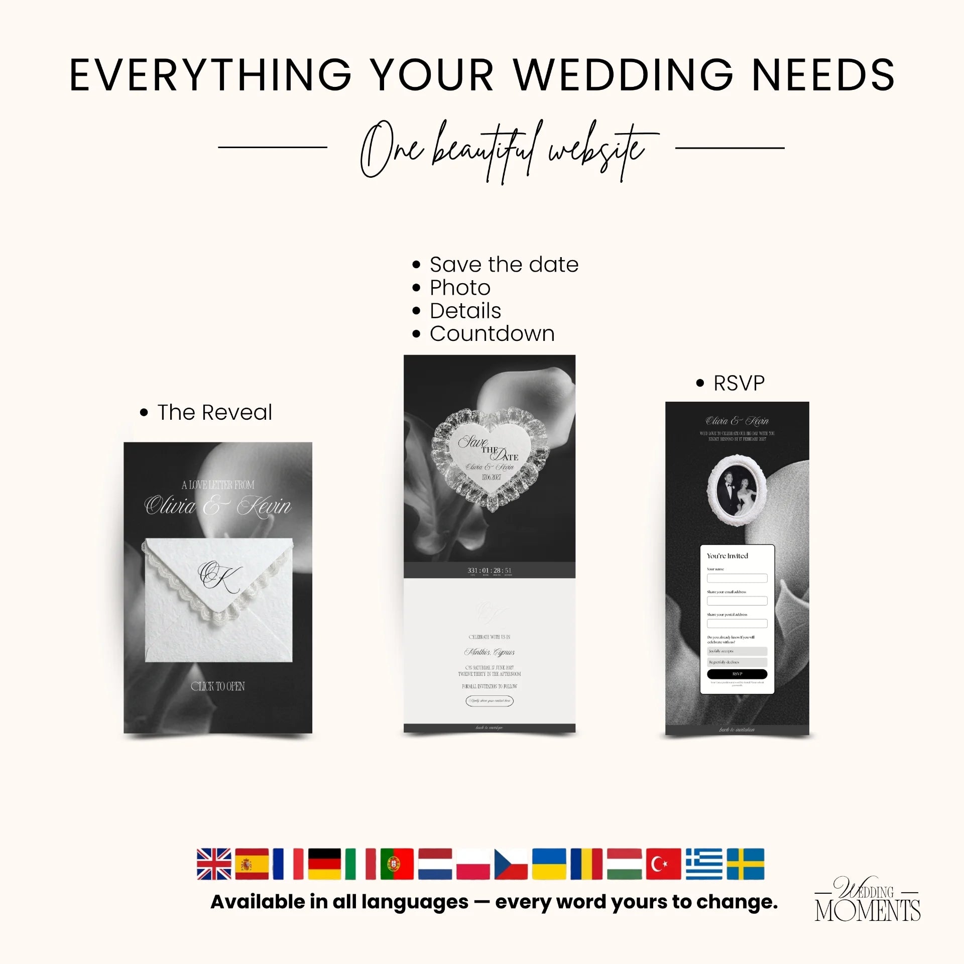 Save the Date Website Template | Floral Black and White Old Money E002 Wedding Moments Digital Download Wedding Moments