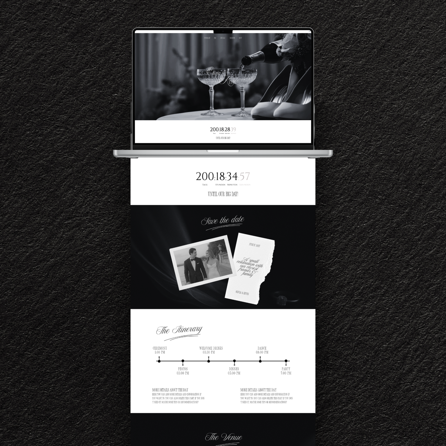 itinerary	Preview of an elegant digital wedding invitation with a custom itinerary and countdown timer.