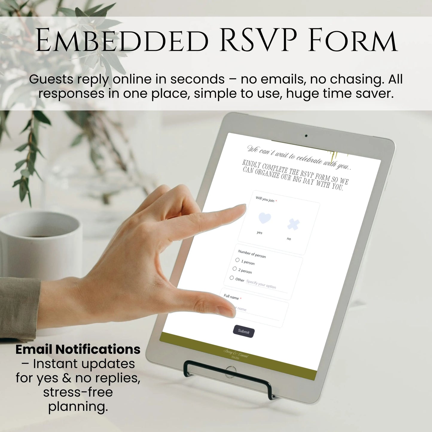 Embedded RSVP form inside olive green wedding website template on tablet
