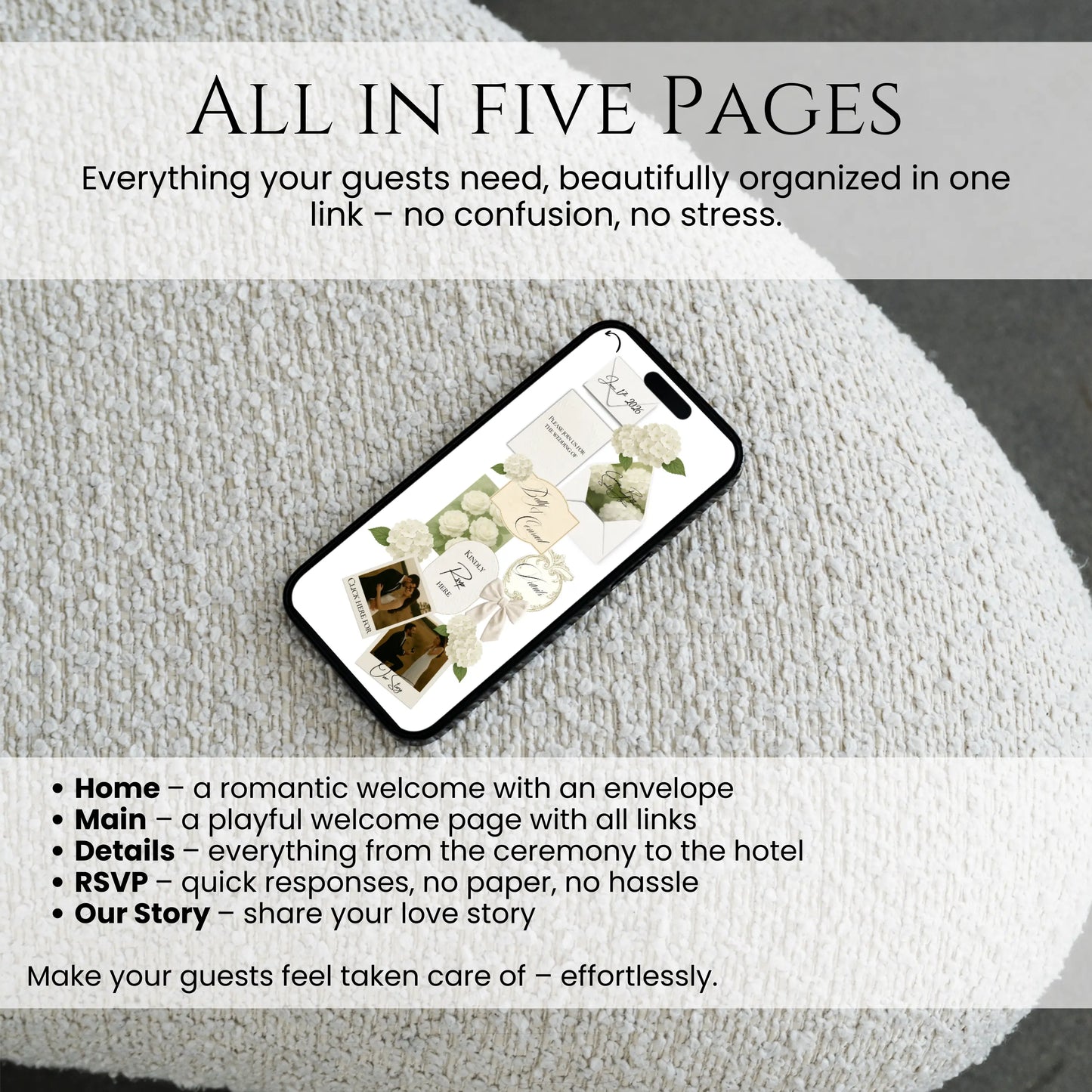 Five page wedding website layout with envelope, RSVP and details