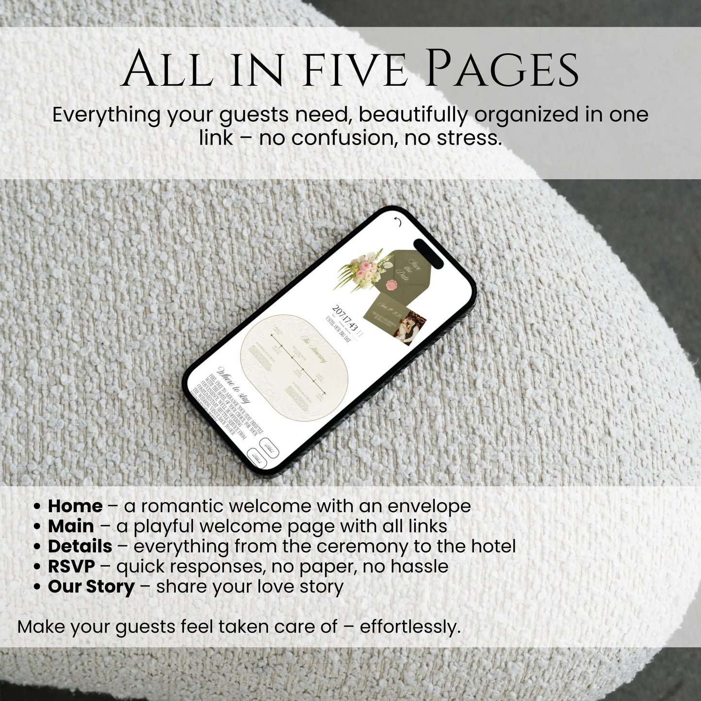 All In Five pages olive green wedding website template overview on mobile device