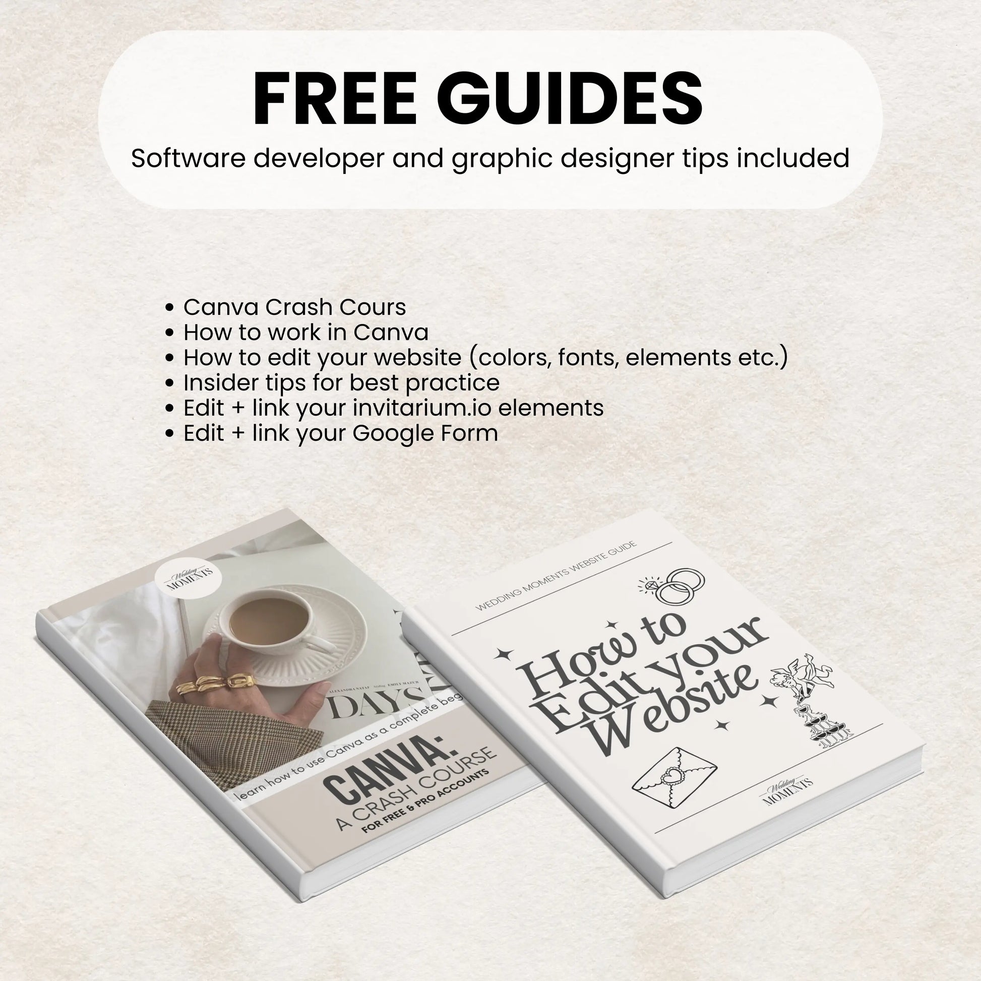 Free Canva guides showing how to edit a wedding website template and design elements