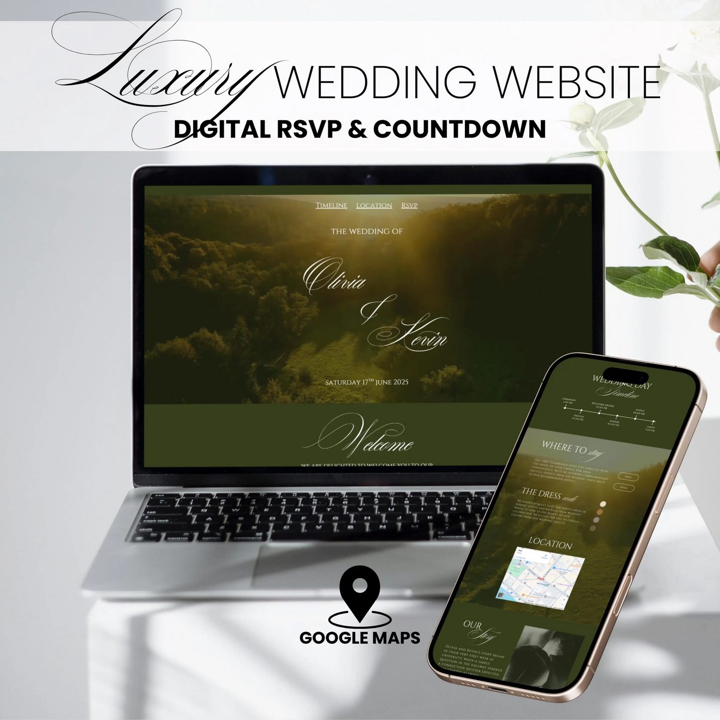 Luxury greenery wedding website template with digital RSVP countdown and Google Maps