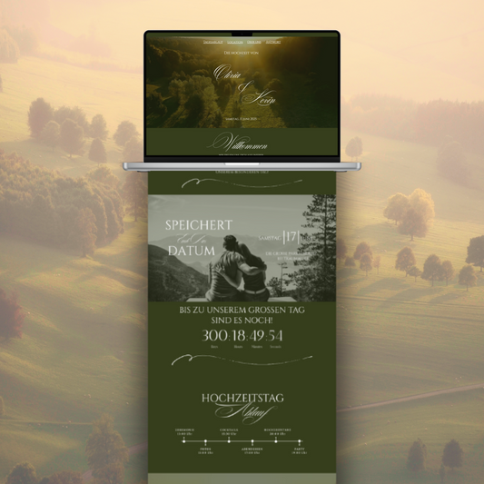 Luxury greenery countryside wedding website preview with countdown and event timeline