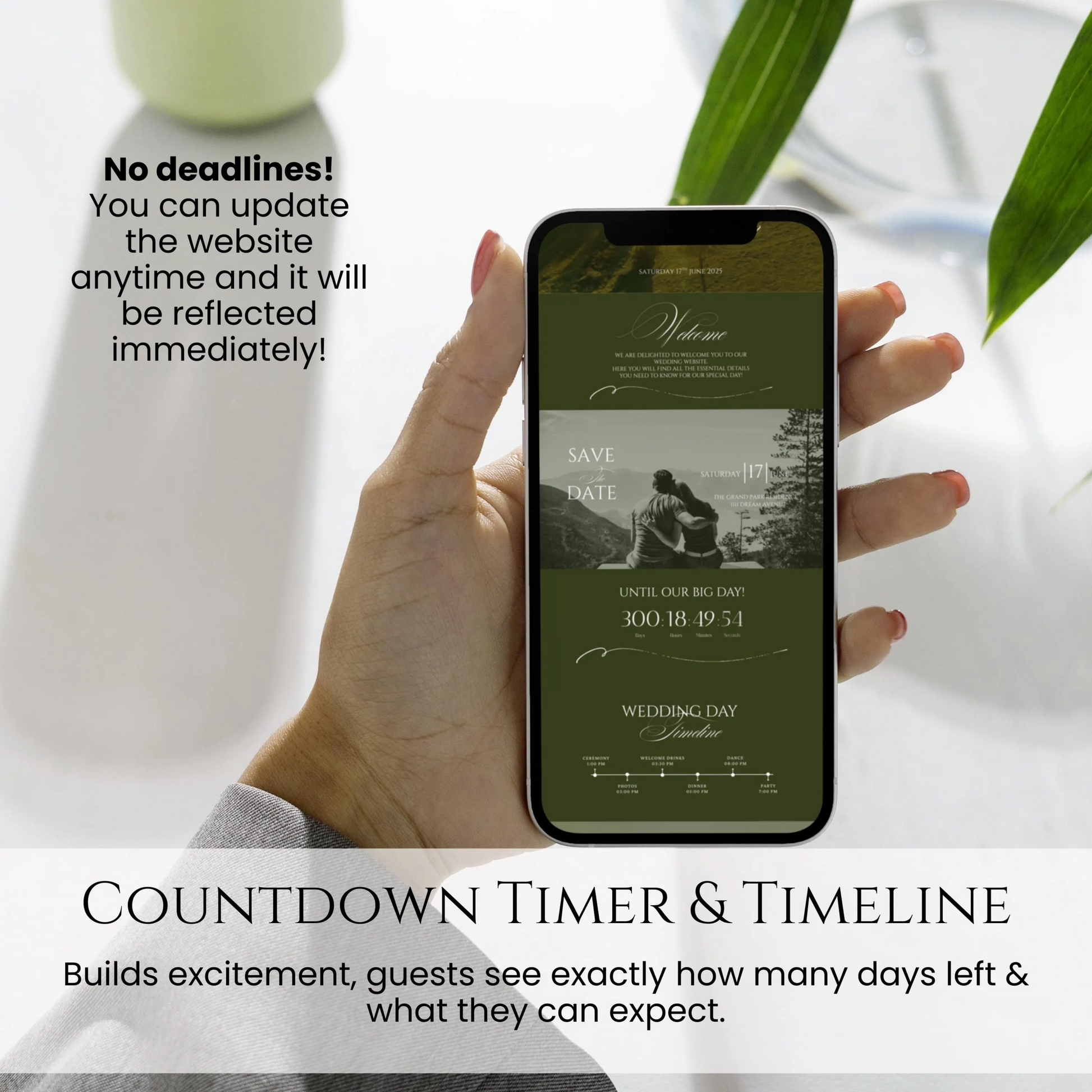 Luxury greenery countryside wedding website template with countdown timer and wedding timeline save the date