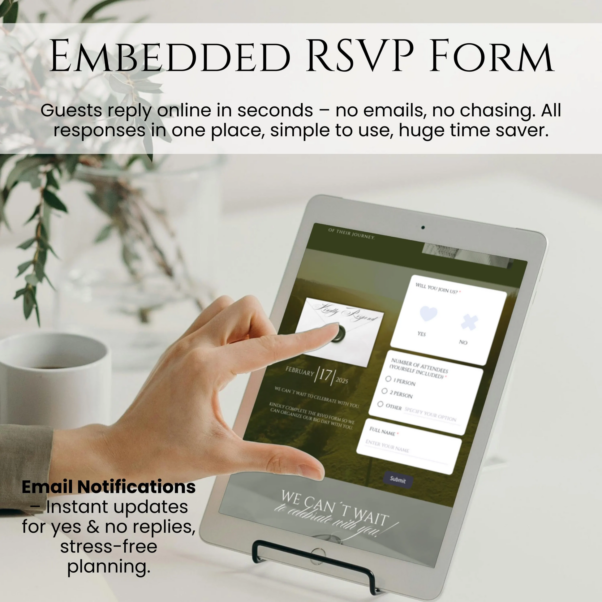 Luxury greenery wedding website Canva template with embedded RSVP form on tablet