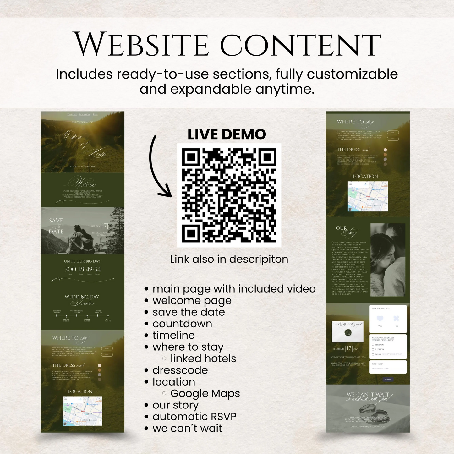 Greenery countryside wedding website Canva template with timeline, RSVP, and Google Maps