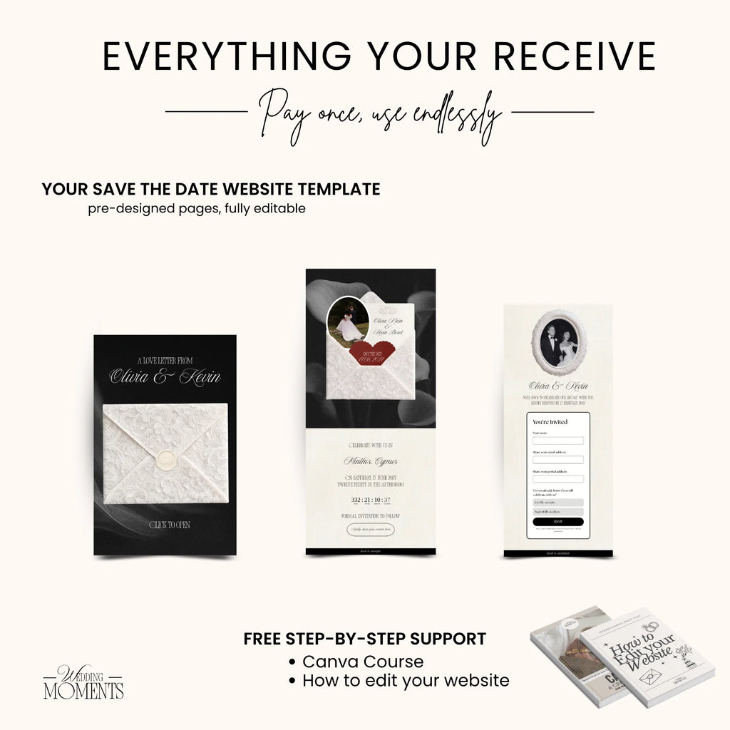 Save the Date Website Template | Black and White Old Money E001 Wedding Moments Digital Download Wedding Moments