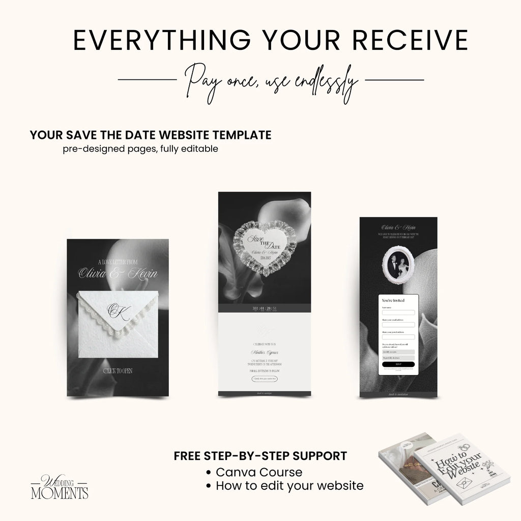 Save the Date Website Template | Floral Black and White Old Money E002 Wedding Moments Digital Download Wedding Moments