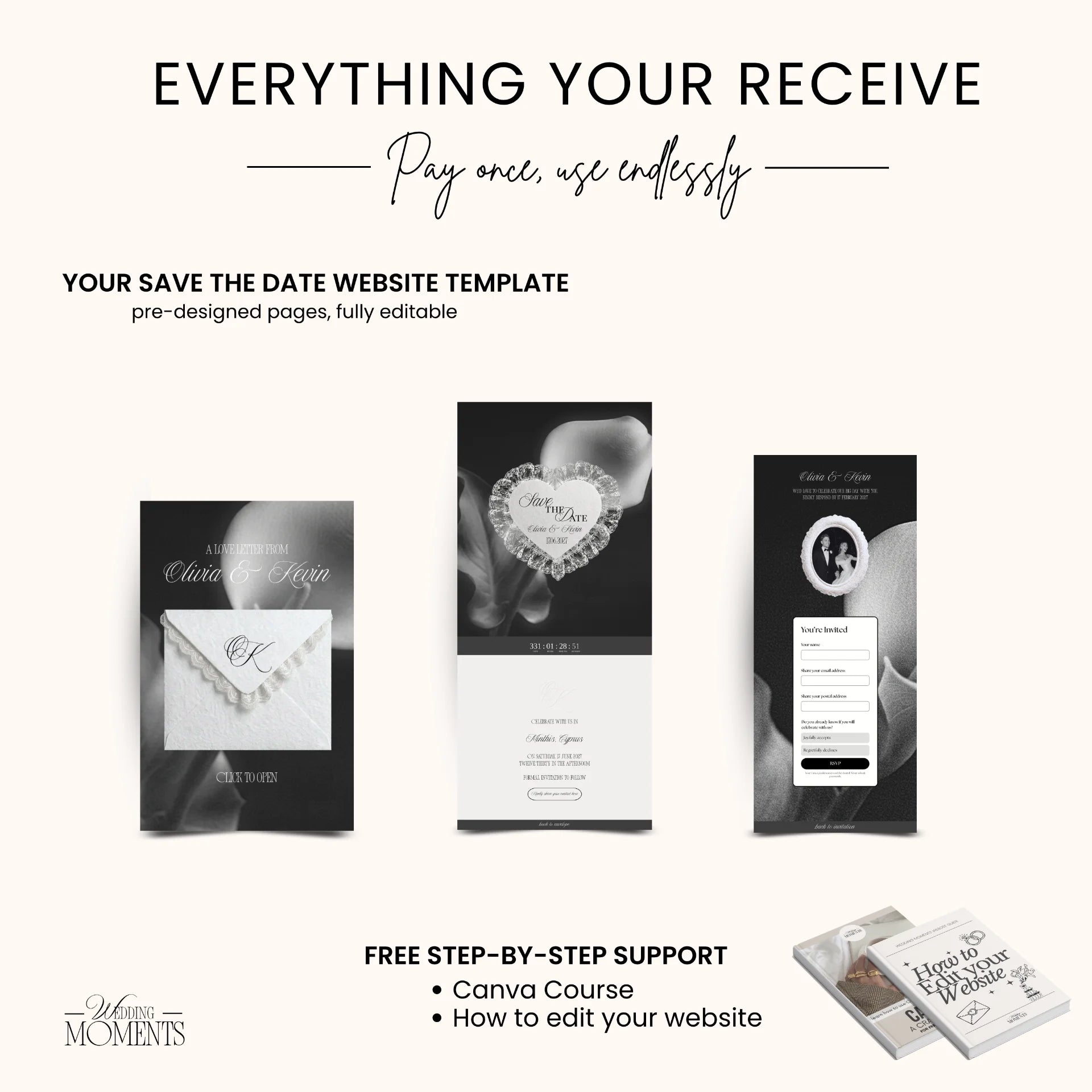 Save the Date Website Template | Floral Black and White Old Money E002 Wedding Moments Digital Download Wedding Moments