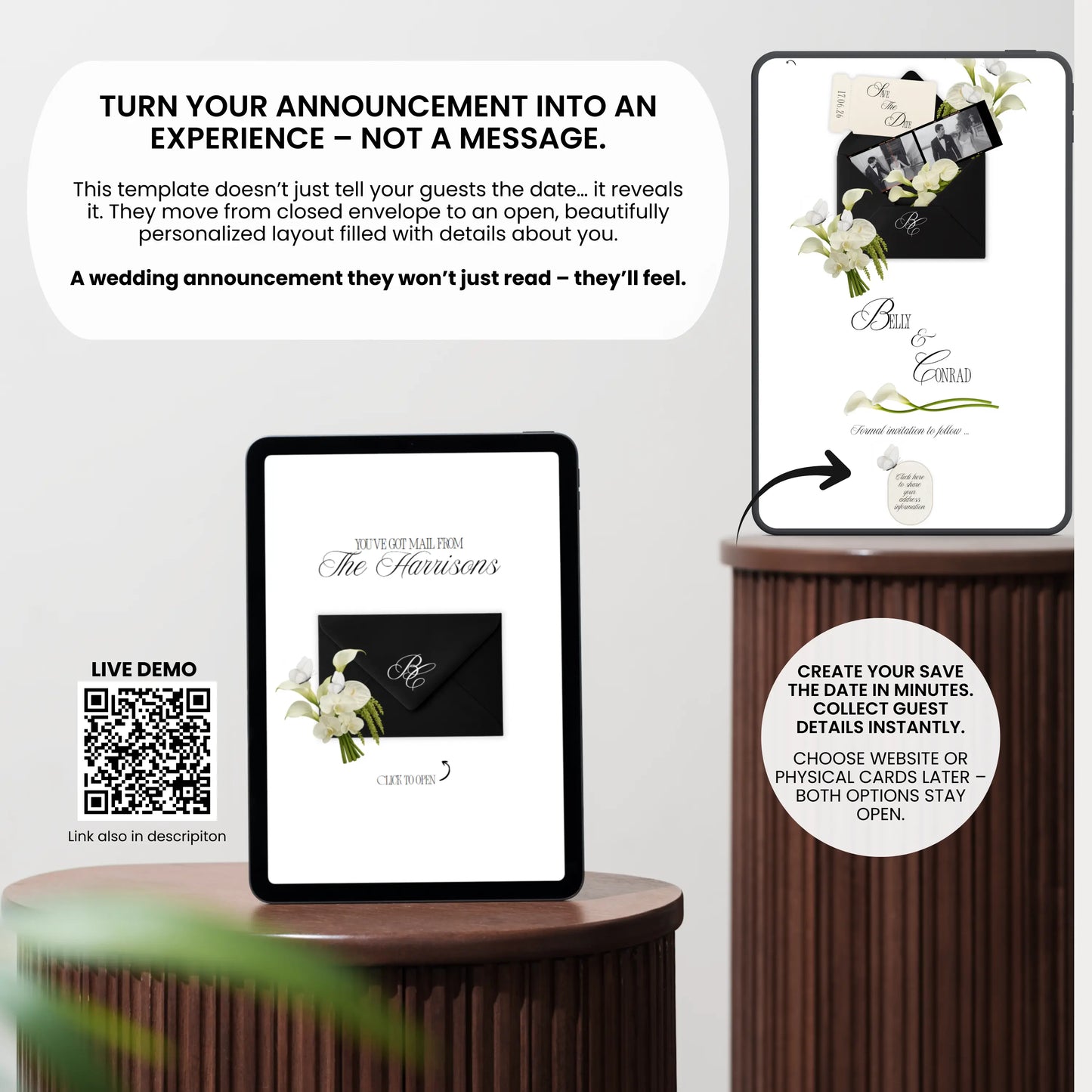 Interactive black wedding website with animated envelope opening