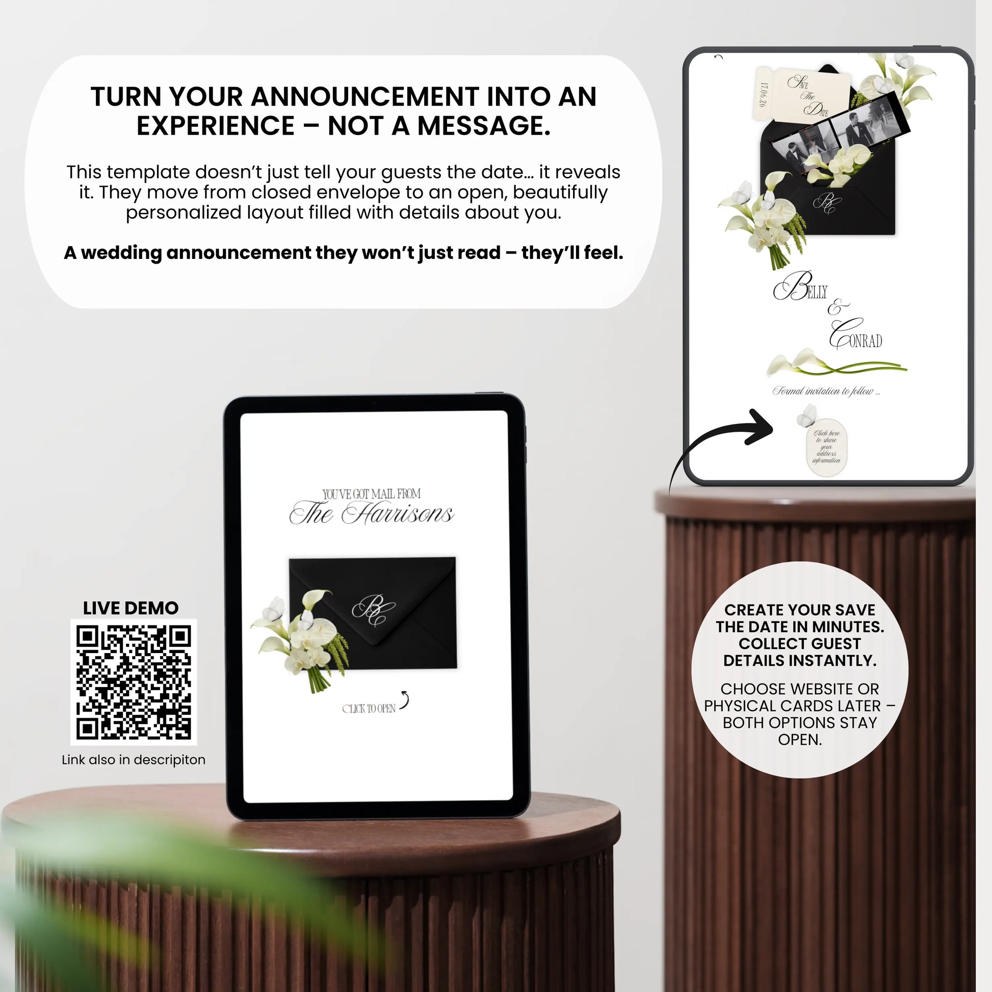 Interactive black wedding website with animated envelope opening