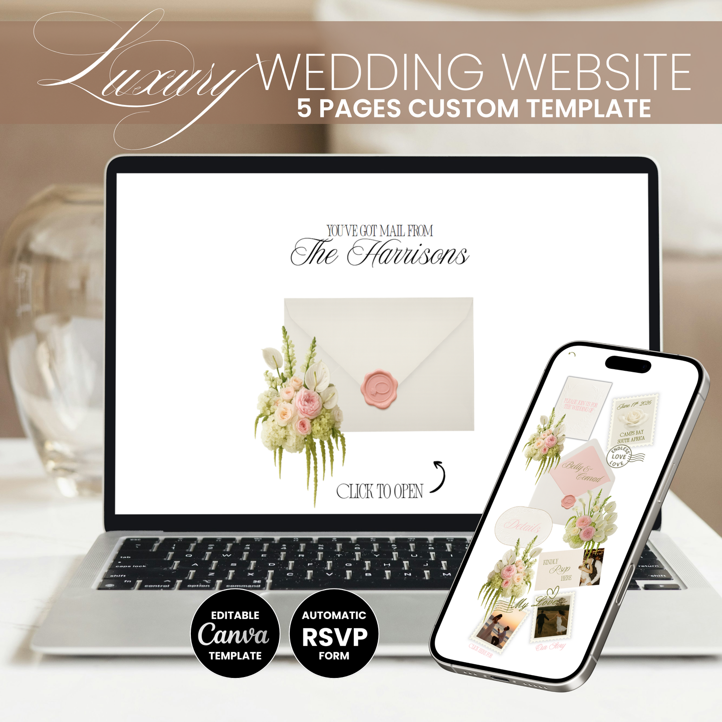 Elegant wedding website shown with responsive design with interactive envelope opening and luxury floral design on laptop and mobile.
