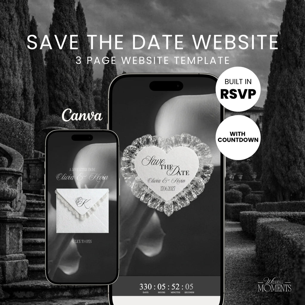 Save the Date Website Template | Black and White Old Money E002 Wedding Moments Digital Download Wedding Moments