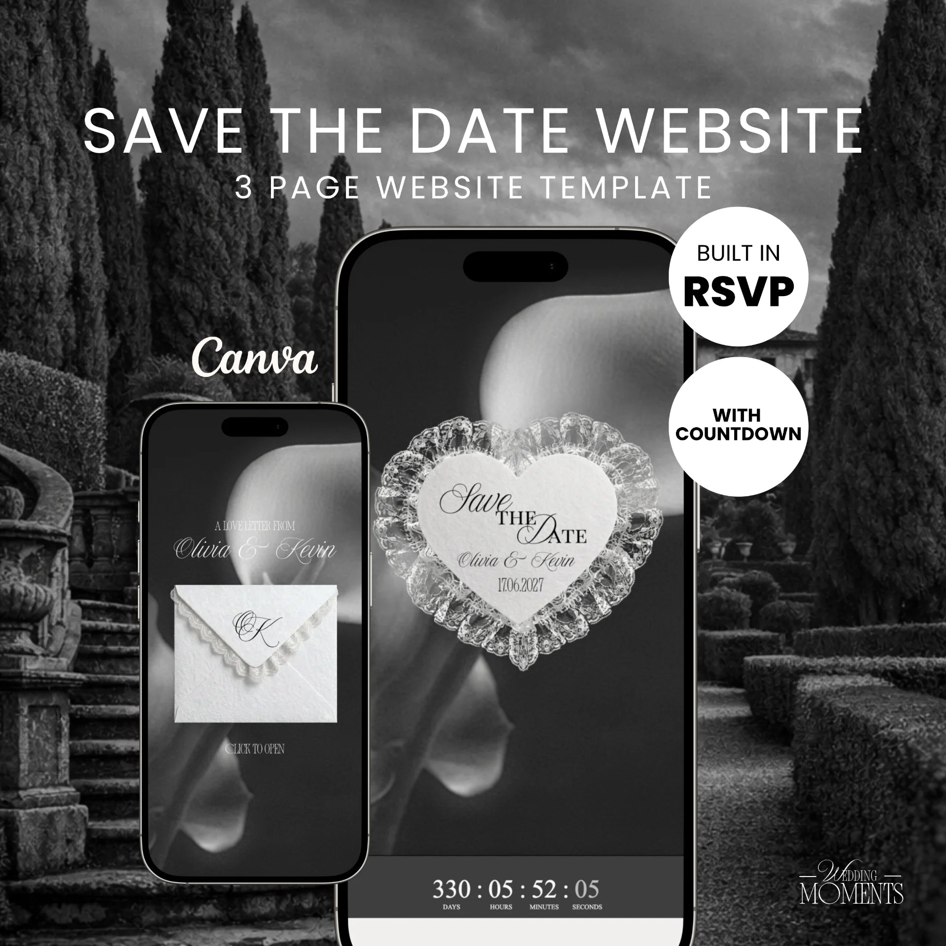 Save the Date Website Template | Black and White Old Money E002 Wedding Moments Digital Download Wedding Moments