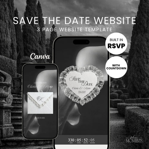 Save the Date Website Template | Black and White Old Money E002 Wedding Moments Digital Download Wedding Moments