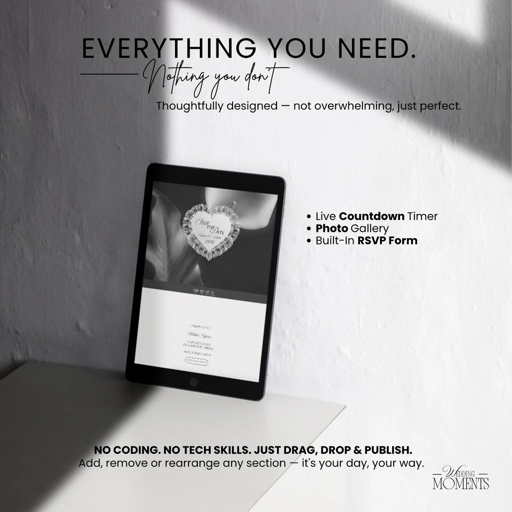 Save the Date Website Template | Floral Black and White Old Money E002 Wedding Moments Digital Download Wedding Moments