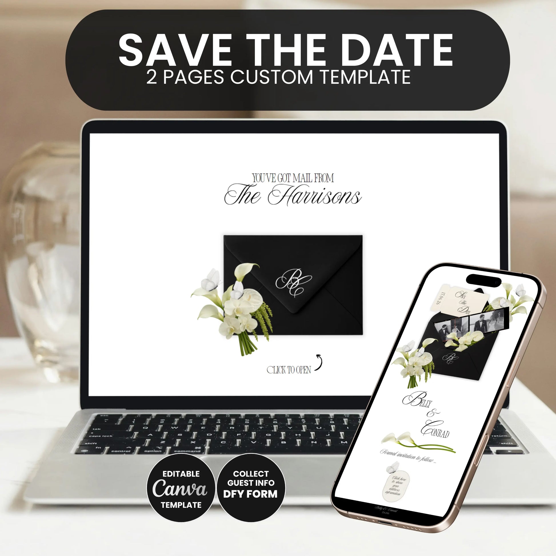Luxury black wedding website template displayed on laptop and phone