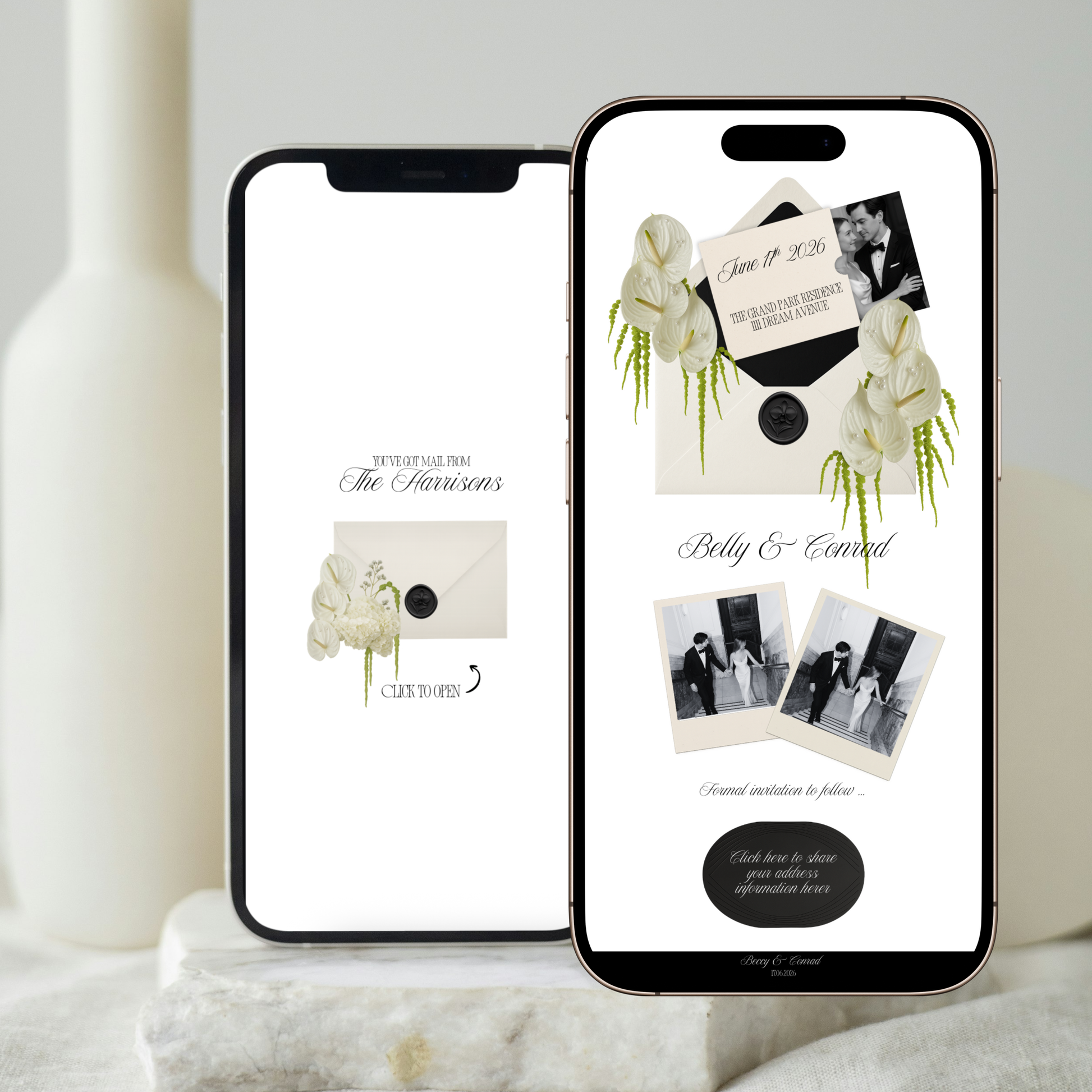 Luxury mobile wedding invitation with animated envelope opening and floral accents.