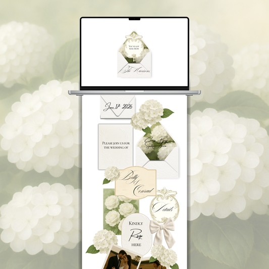 Luxury floral wedding website with animated envelope opening on laptop