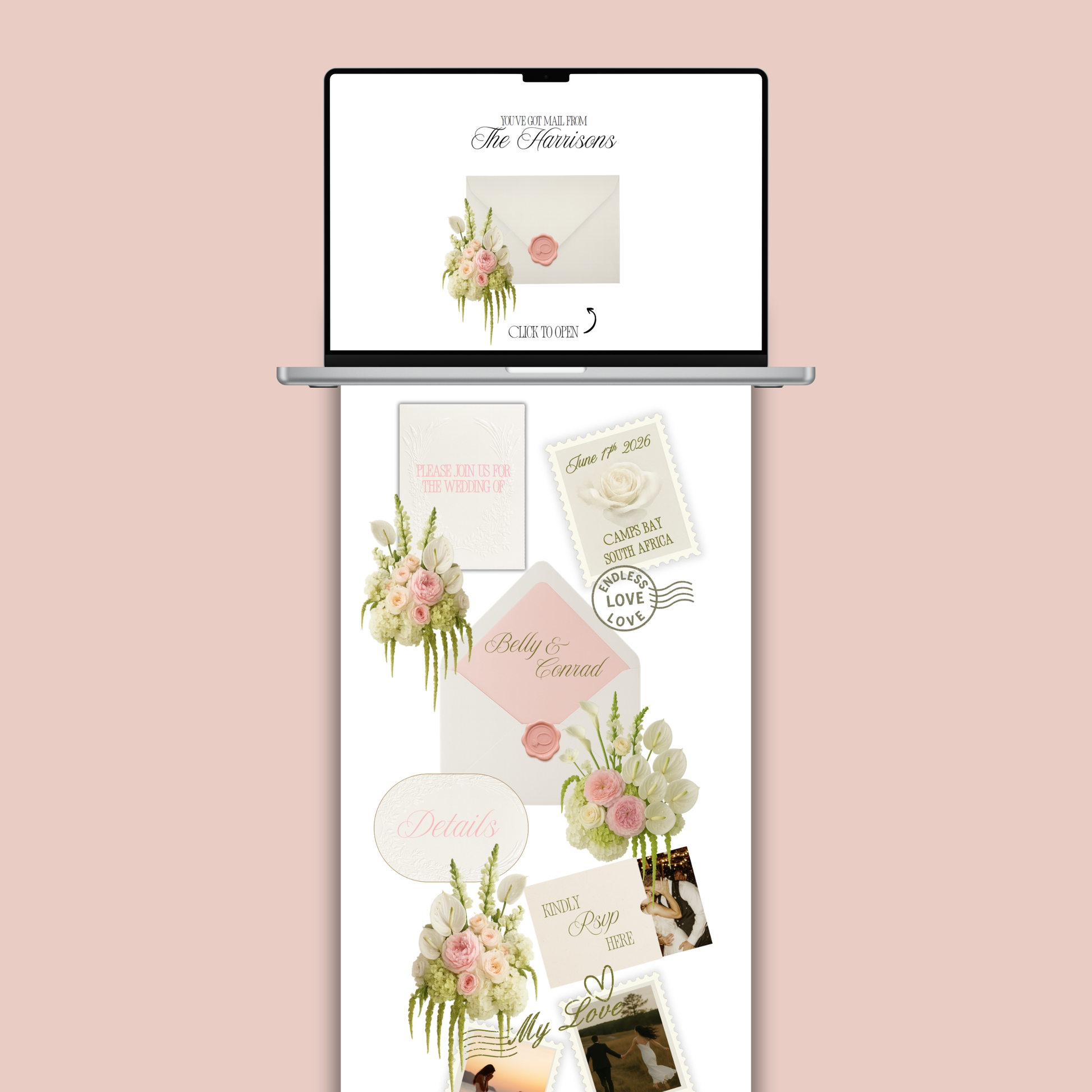 Elegant wedding website with interactive envelope opening and luxury floral design on laptop and mobile.