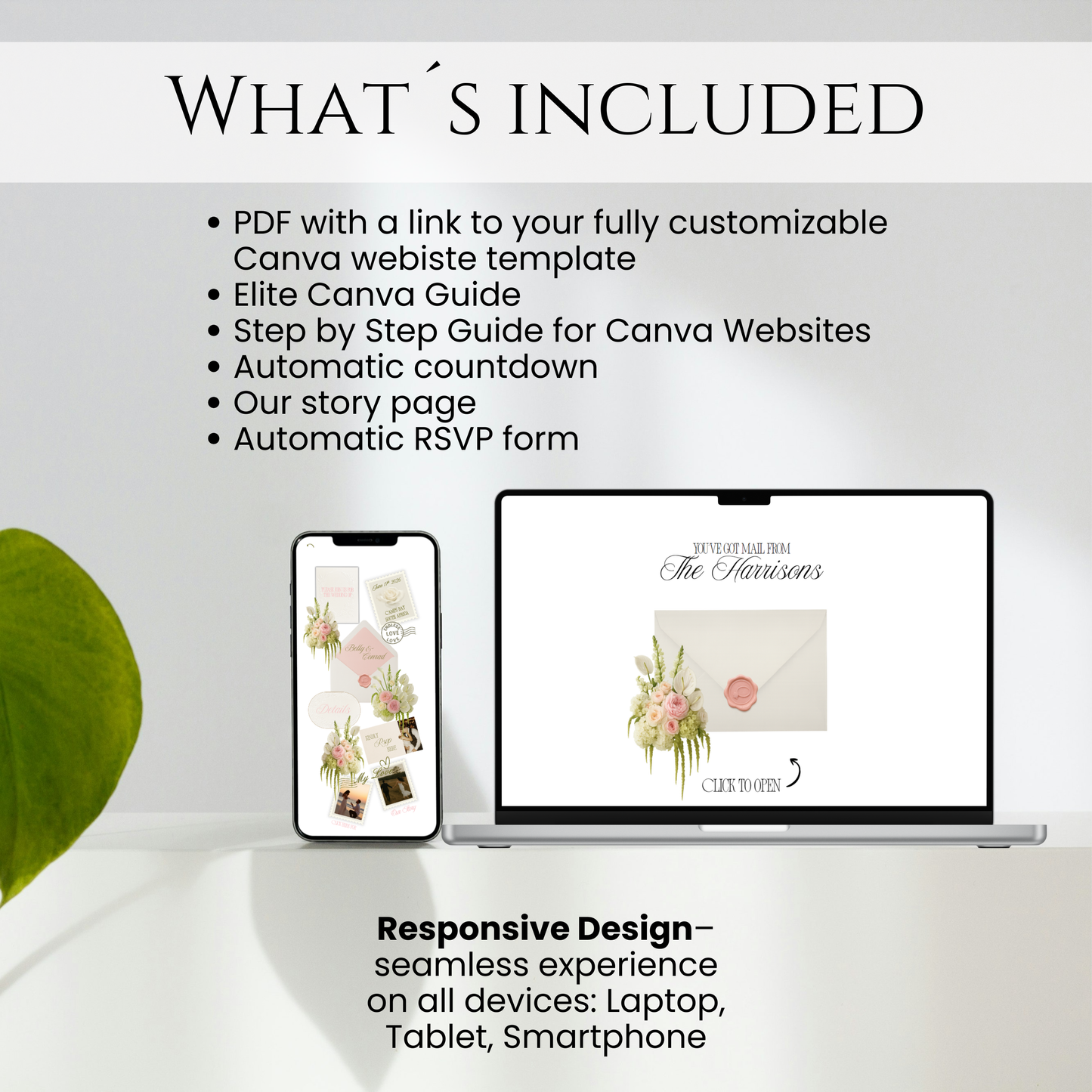 Overview of a 5-page wedding website including home, details, RSVP, and our story sections.