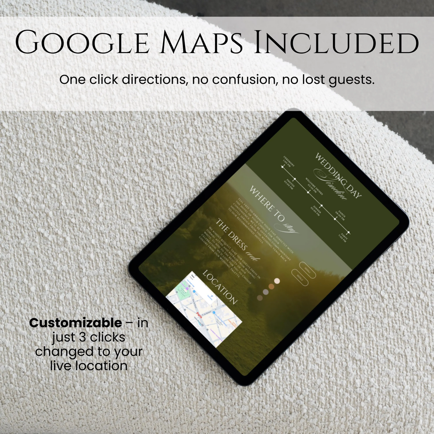 Luxury greenery countryside wedding website template with Google Maps integration on tablet