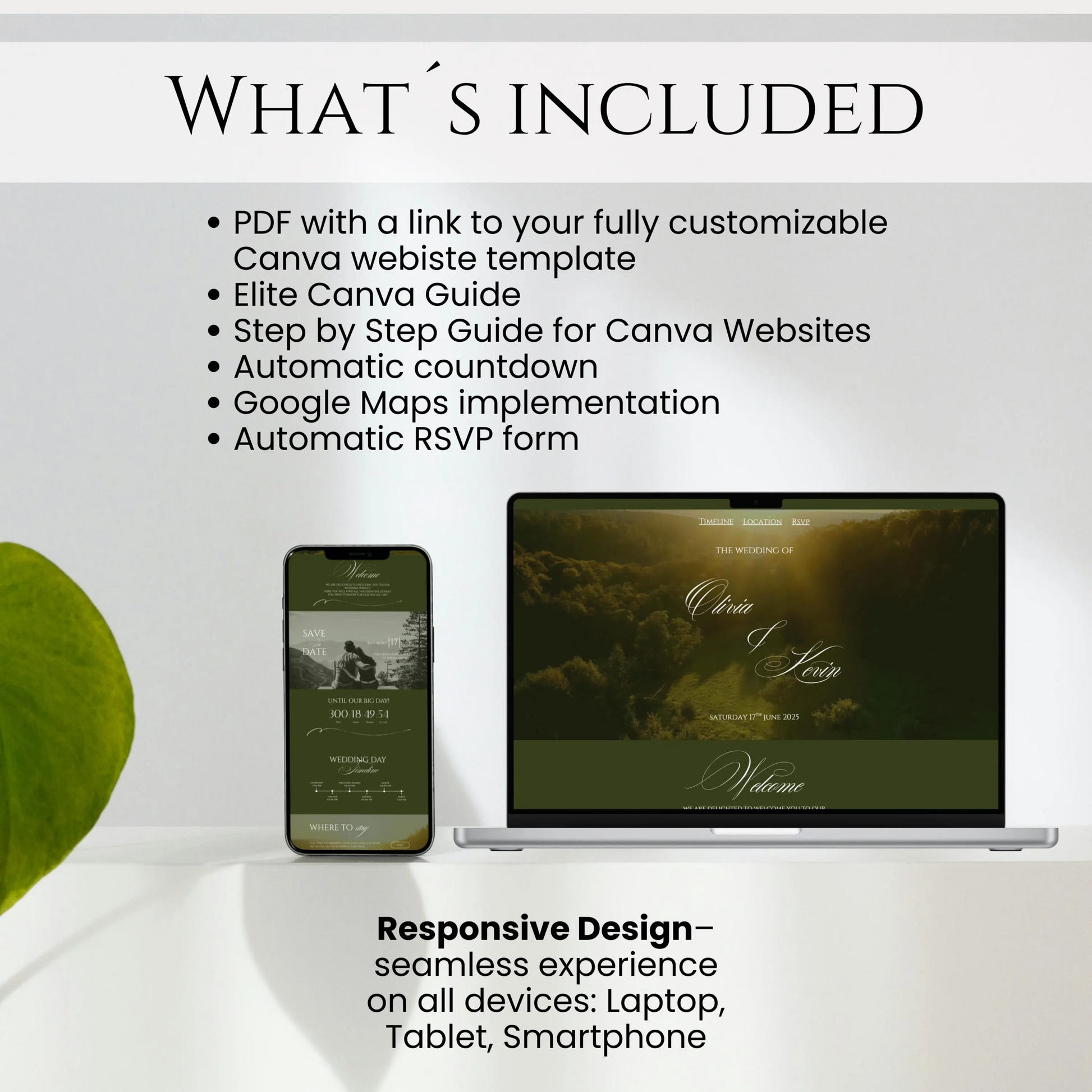 Luxury greenery countryside wedding website Canva template with responsive design and RSVP form