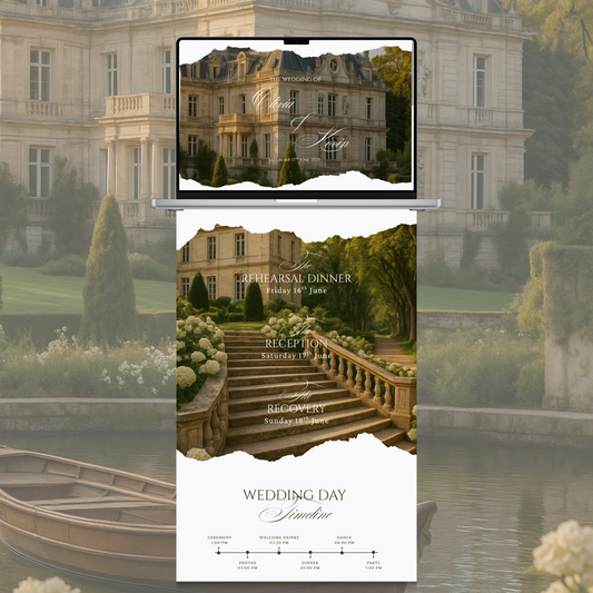 Luxury Italian villa wedding website template with elegant greenery design, rehearsal dinner, reception, recovery schedule and wedding day timeline