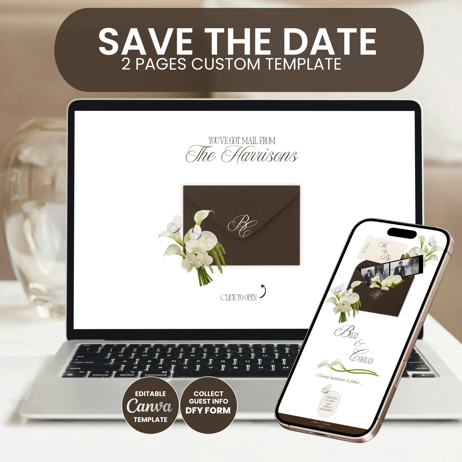Luxury Save the Date wedding website Canva template preview
