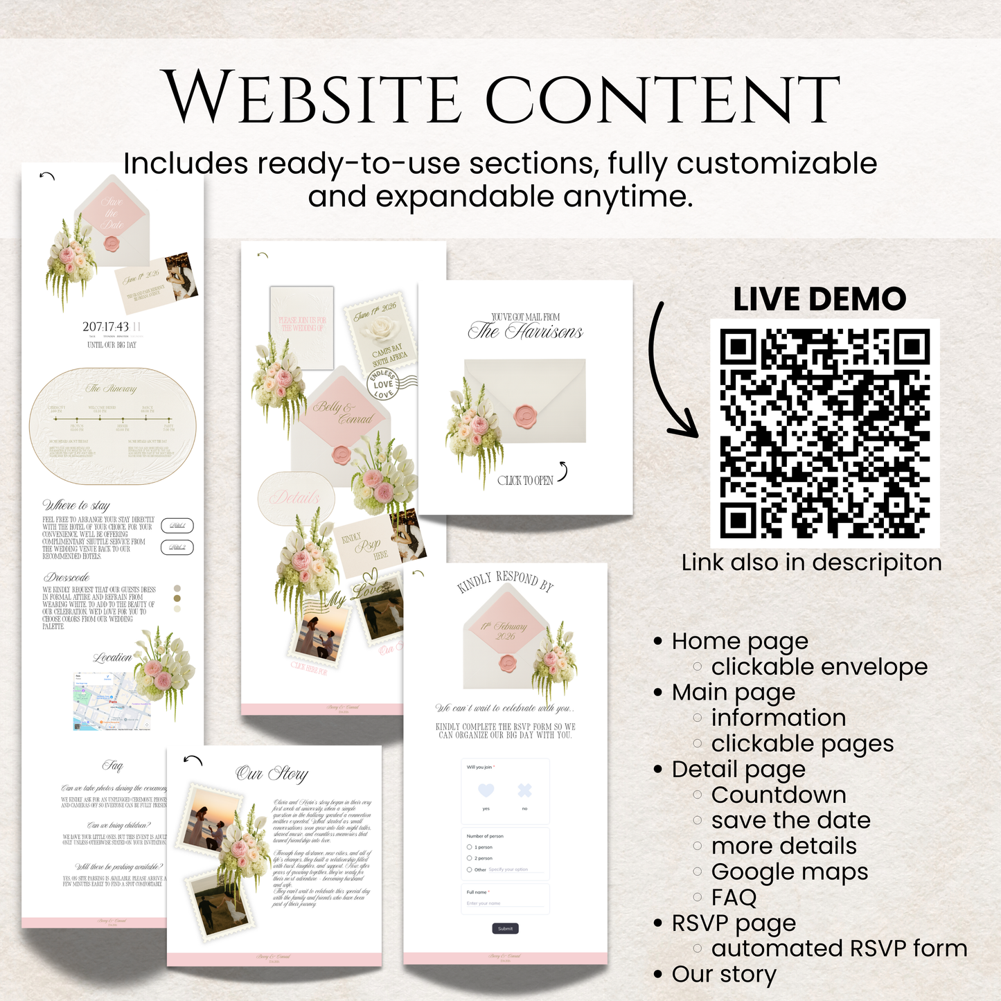 Luxury 5x7 printable wedding card template included as a free bonus with the website. live demo link for wedding website
