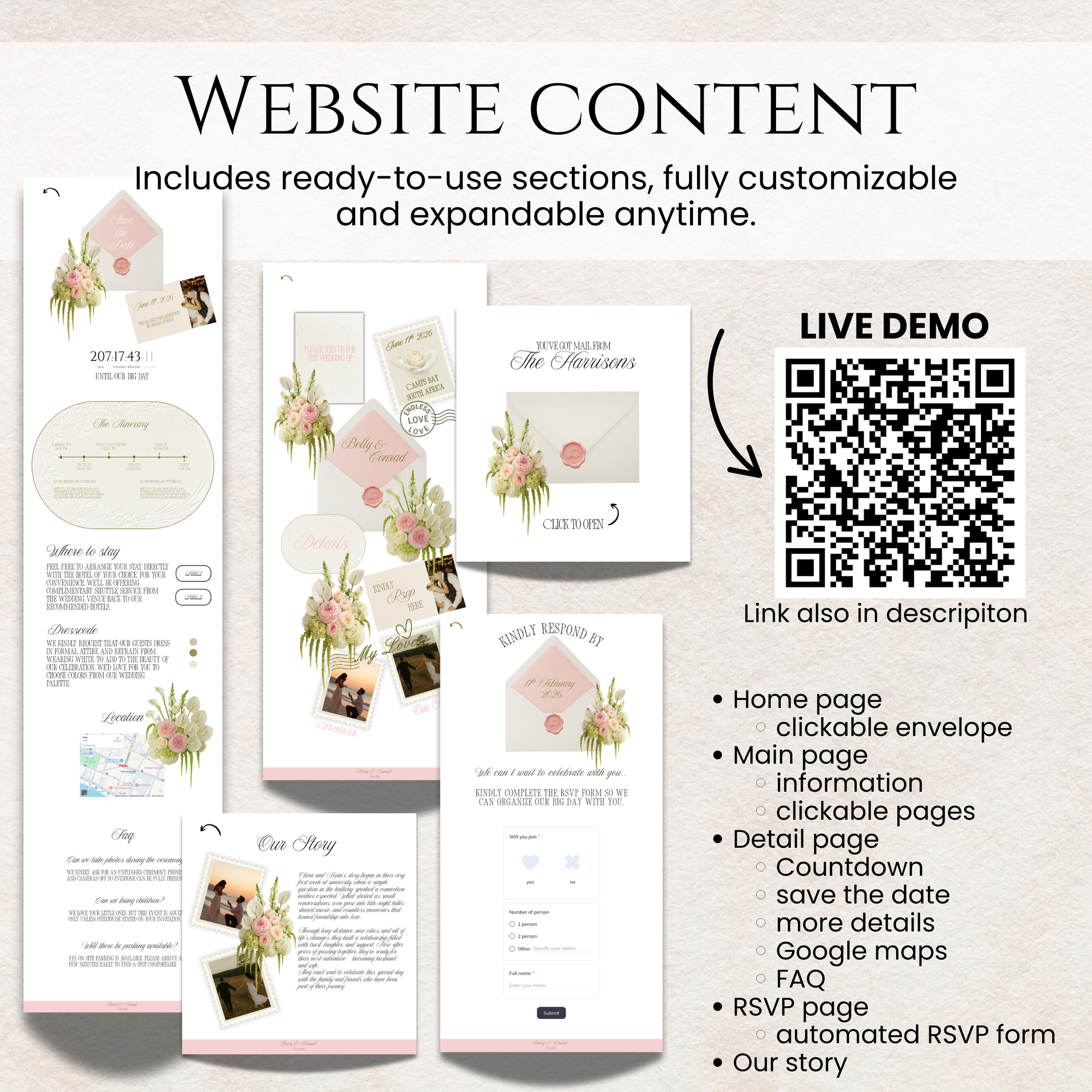 Luxury 5x7 printable wedding card template included as a free bonus with the website. live demo link for wedding website
