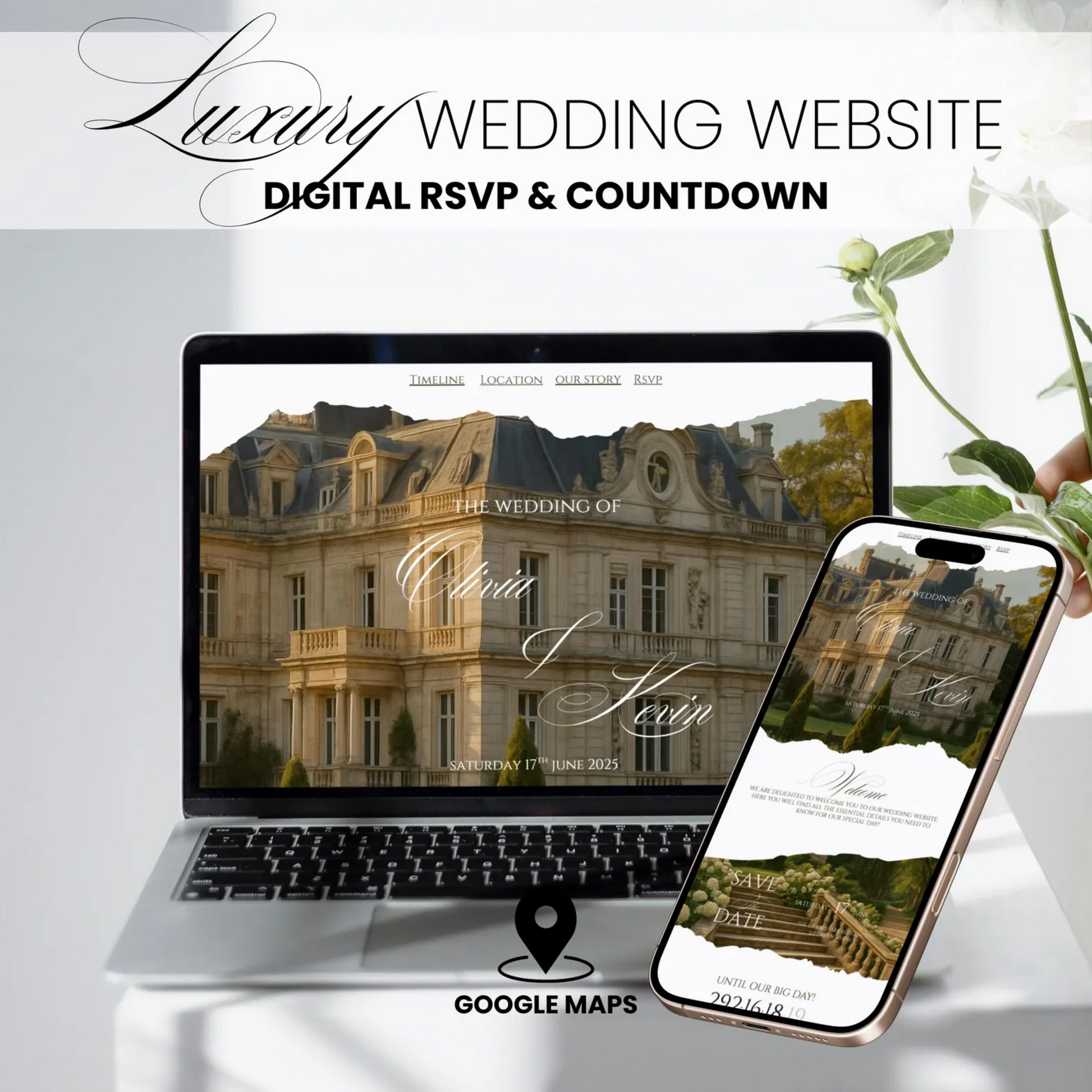 Luxury wedding website template with digital RSVP and countdown timer. Elegant Italian villa design, mobile-friendly and customizable in Canva.