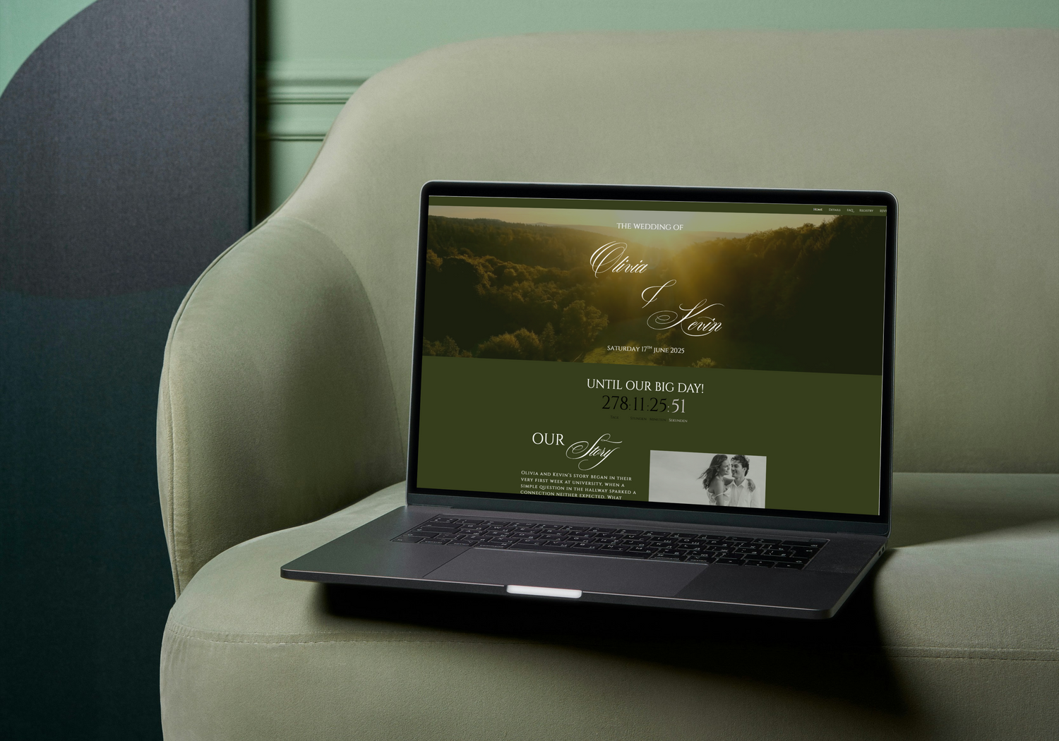 Luxury countryside green wedding website template preview displayed on laptop mockup on sofa with countdown and story section.