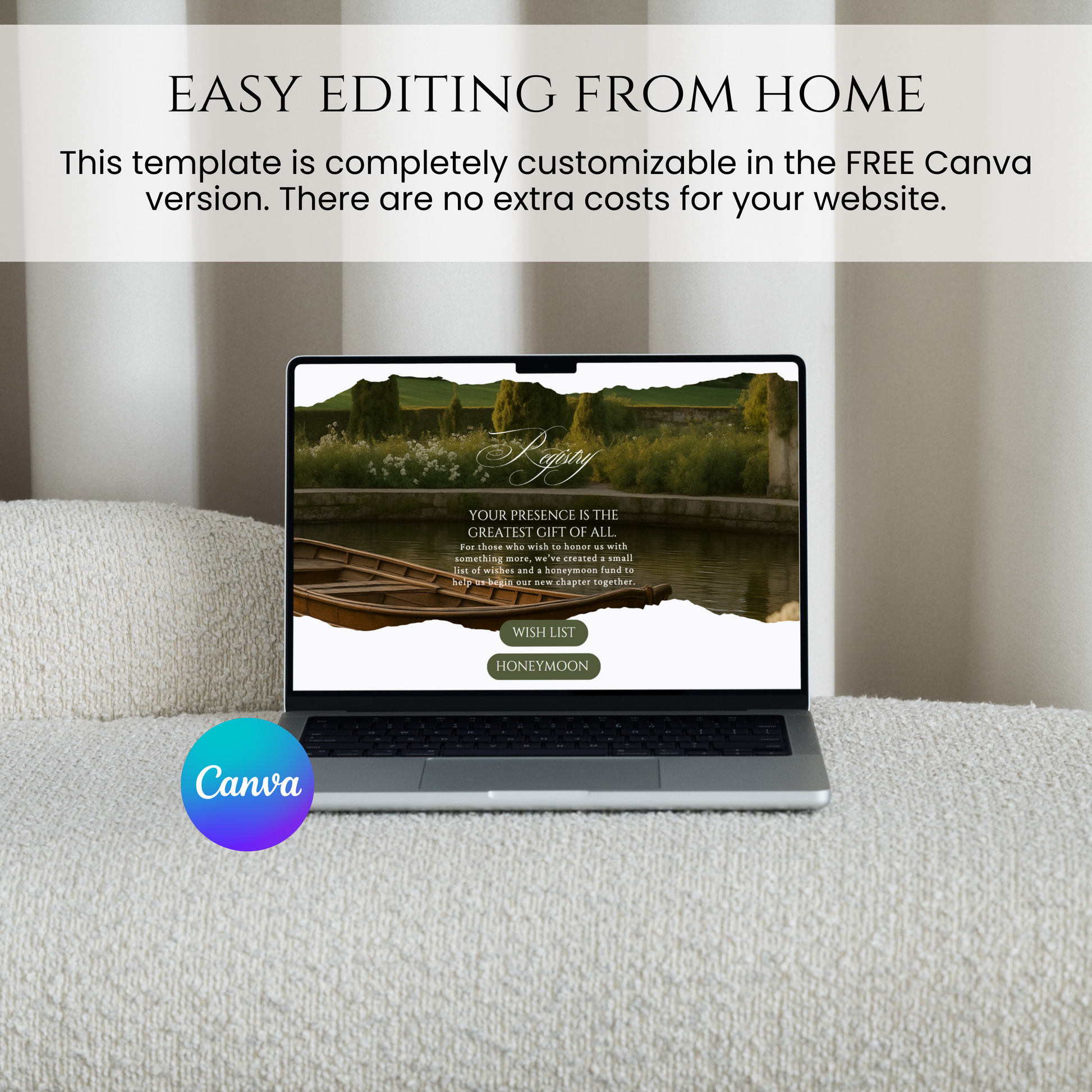 Luxury wedding website template shown on laptop with elegant green countryside design
