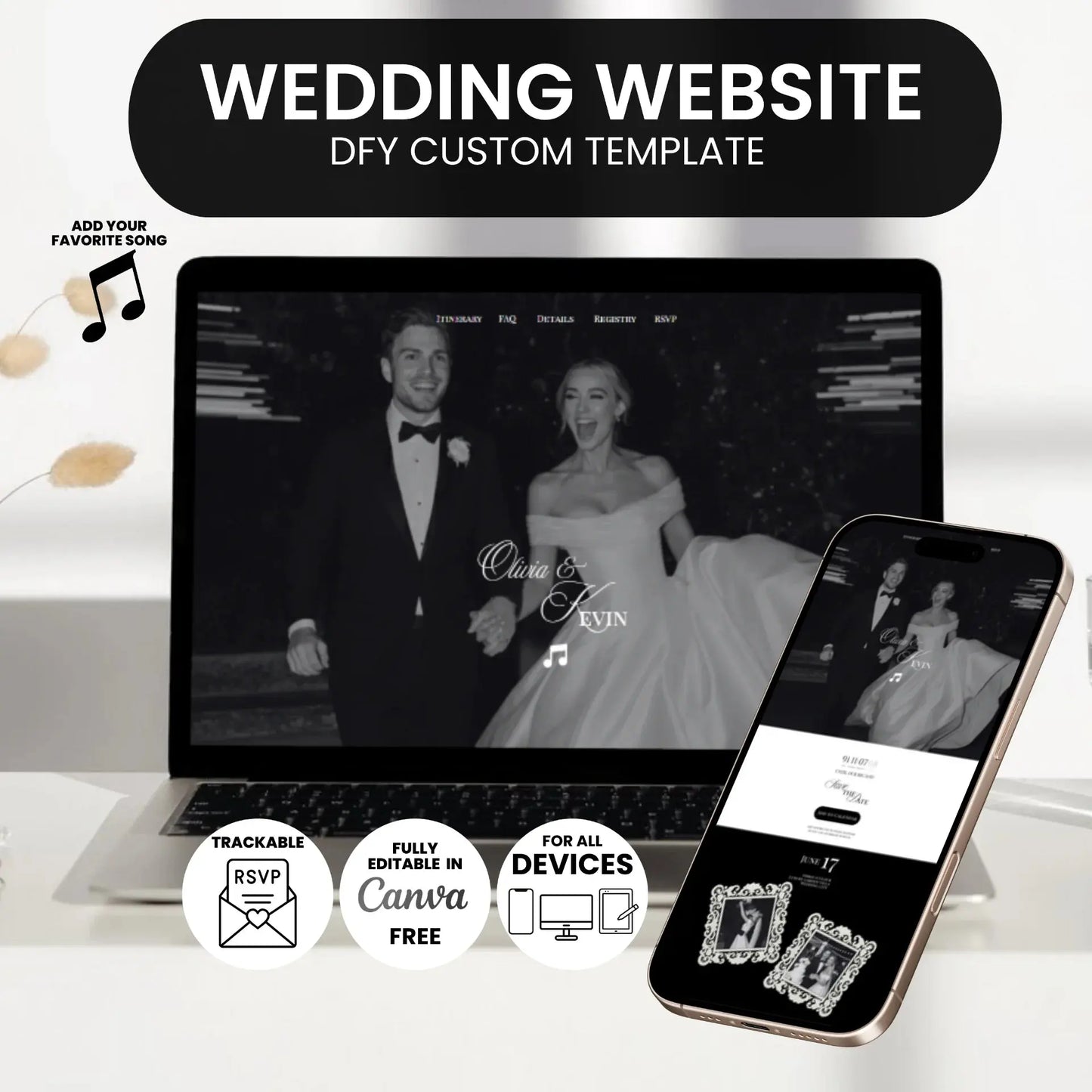 Black and White Wedding Invitation Website with music - RSVP Save the Date Website Wedding Moments  Wedding Moments