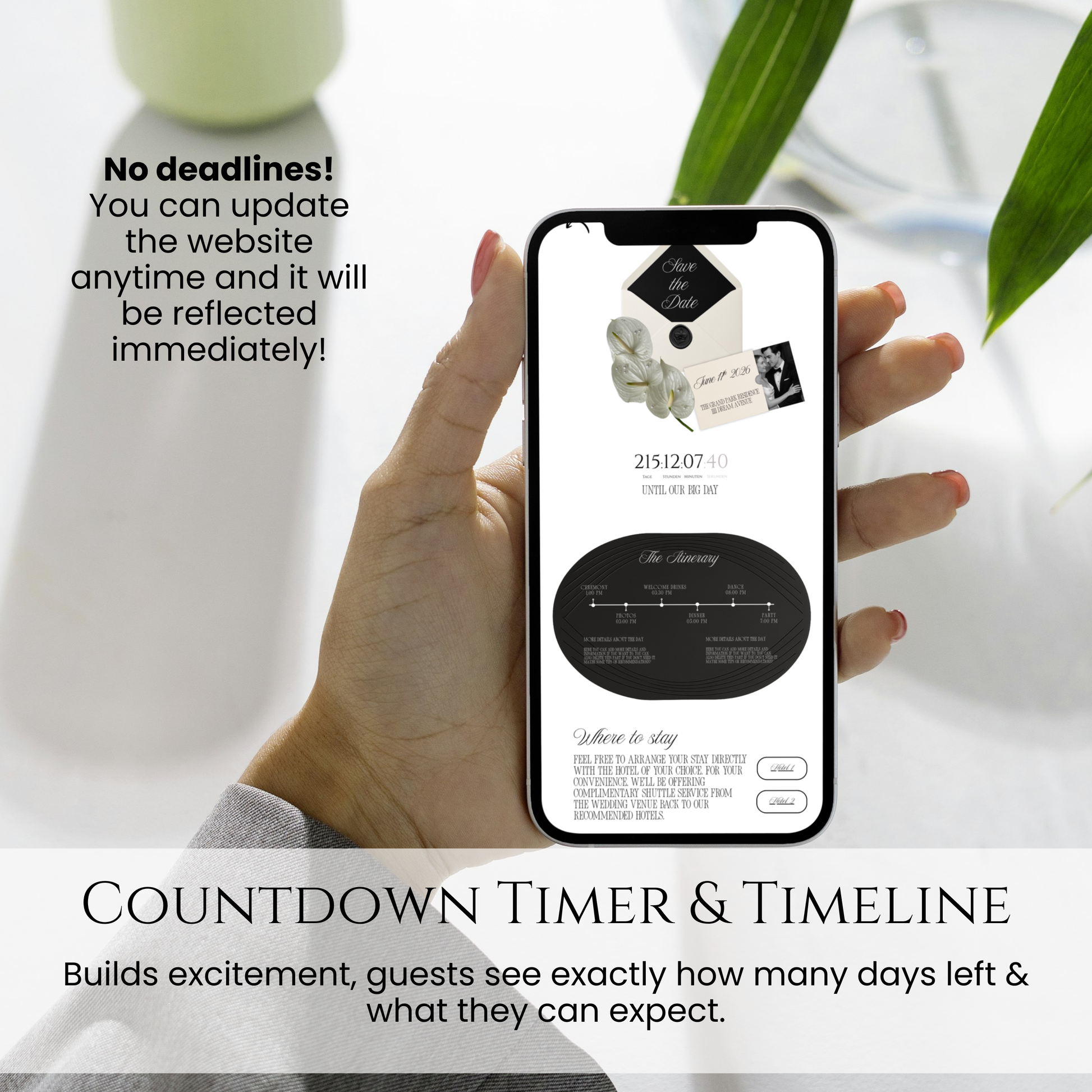 Close-up of a digital wedding schedule with elegant serif fonts, black text on white background, and subtle floral details.