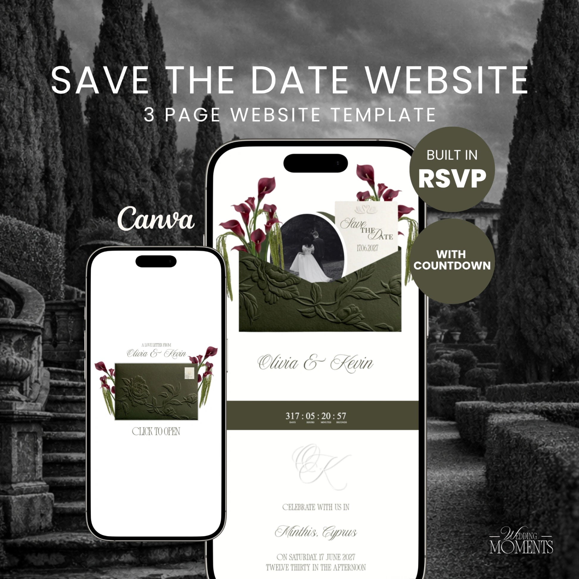 Save the Date Website Template | Olive Green  Envelope Old Money E005 (Kopie)