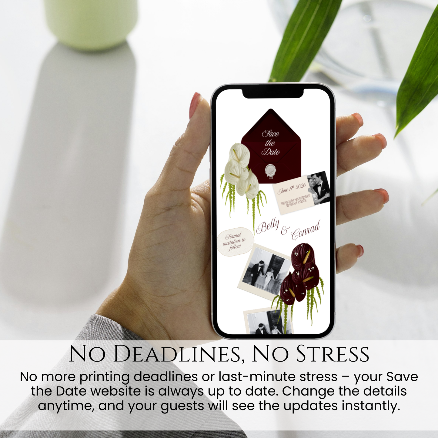 Hand holding a smartphone displaying a burgundy save the date website with "No Deadlines, No Stress" text and countdown timer.