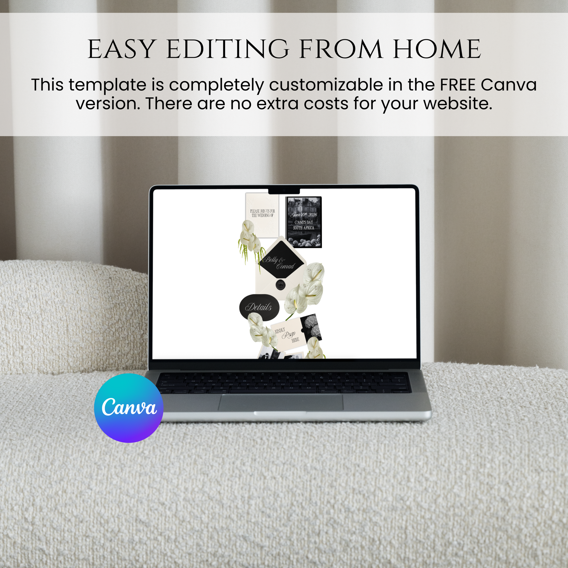 Laptop display of a 100% mobile-responsive black and white wedding website, Pinterest aesthetic.easy editing from home wedding website