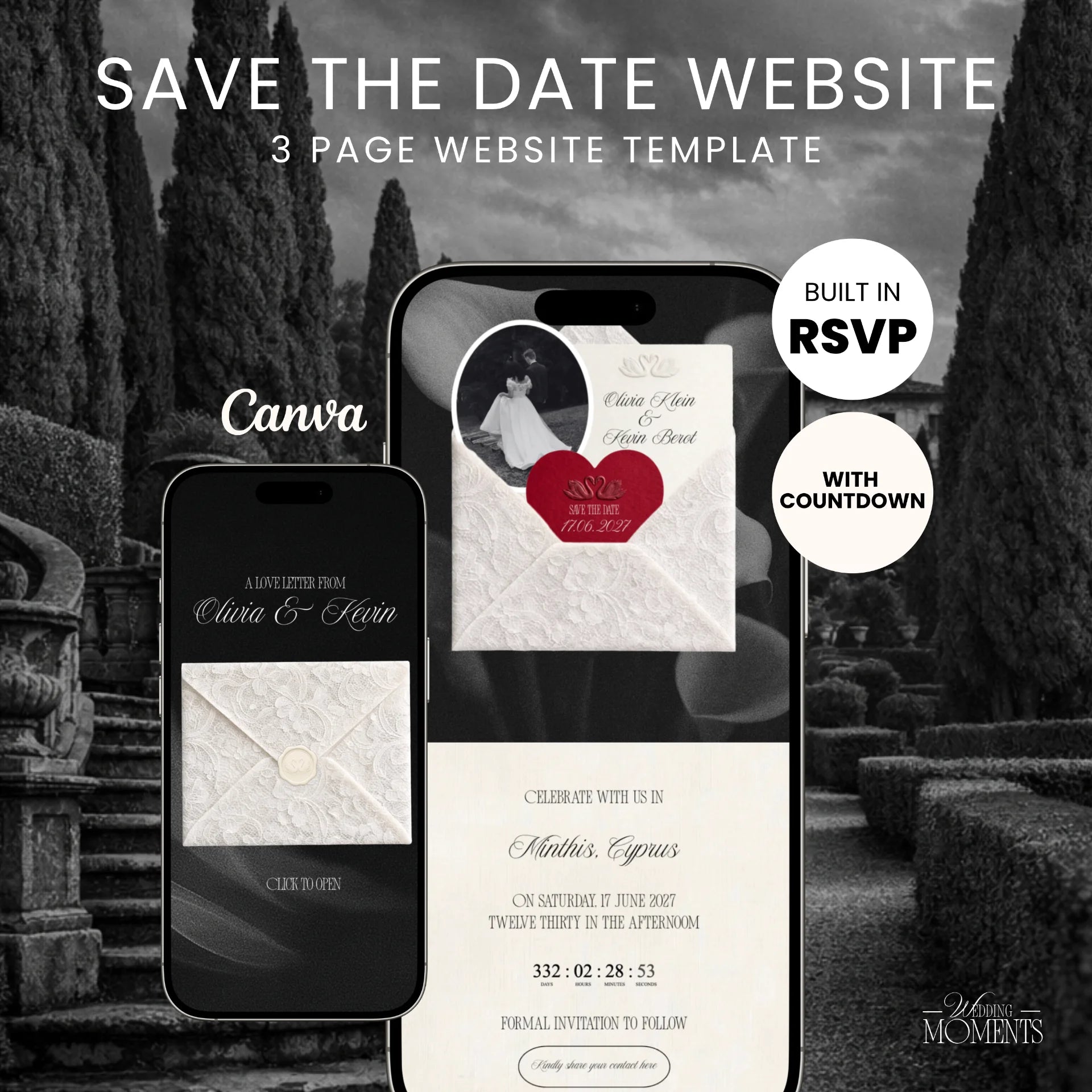 Save the Date Website Template | Black and White Old Money E001 Wedding Moments Digital Download Wedding Moments