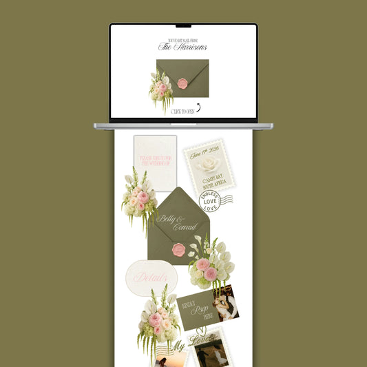 Olive green floral wedding website with animated envelope opening on laptop