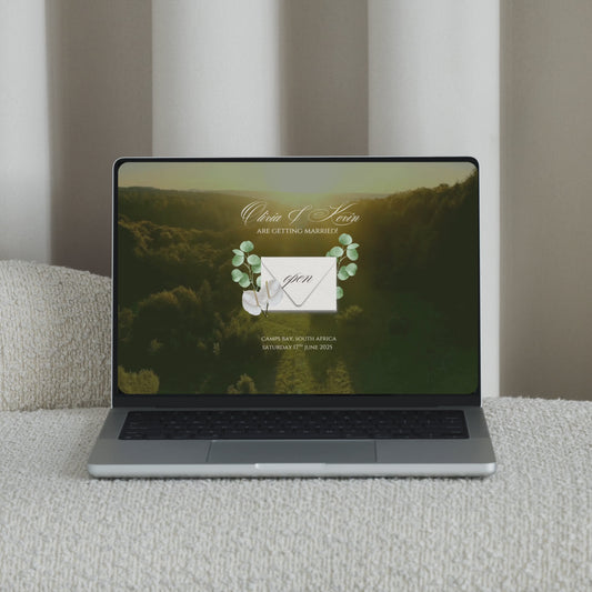 Demo video of countryside greenery Save the Date website showing envelope open animation, mobile responsiveness and section flow.