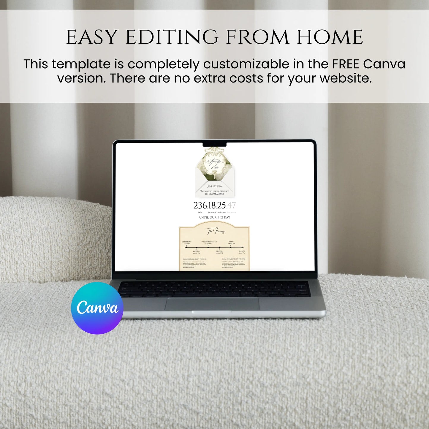 Animated wedding website template shown on laptop and smartphone