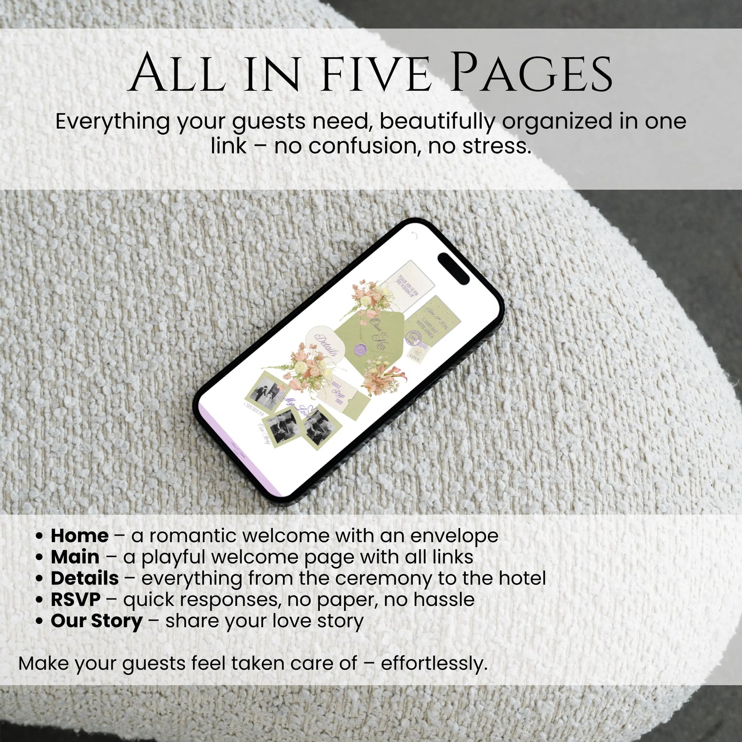 Five page sage wedding website layout