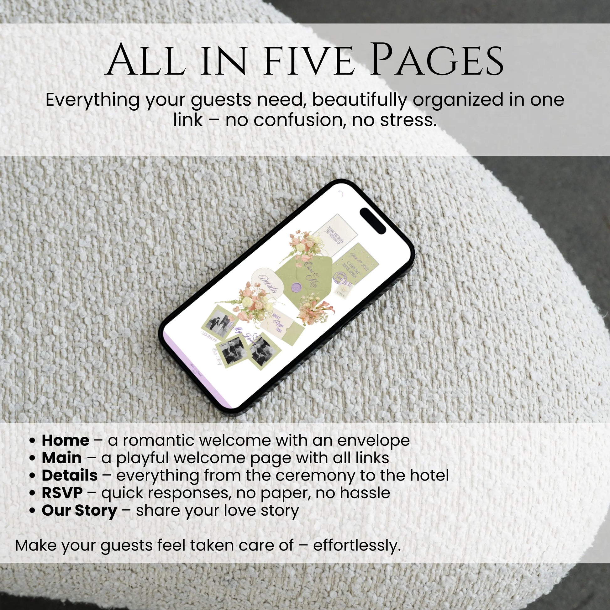 Five page sage wedding website layout